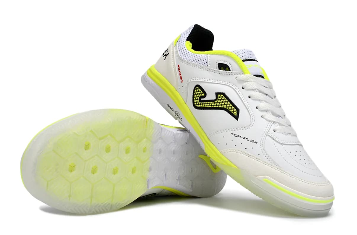 Joma Top Flex Rebound IN (em tom branco, amarelo-lima e detalhes em preto).