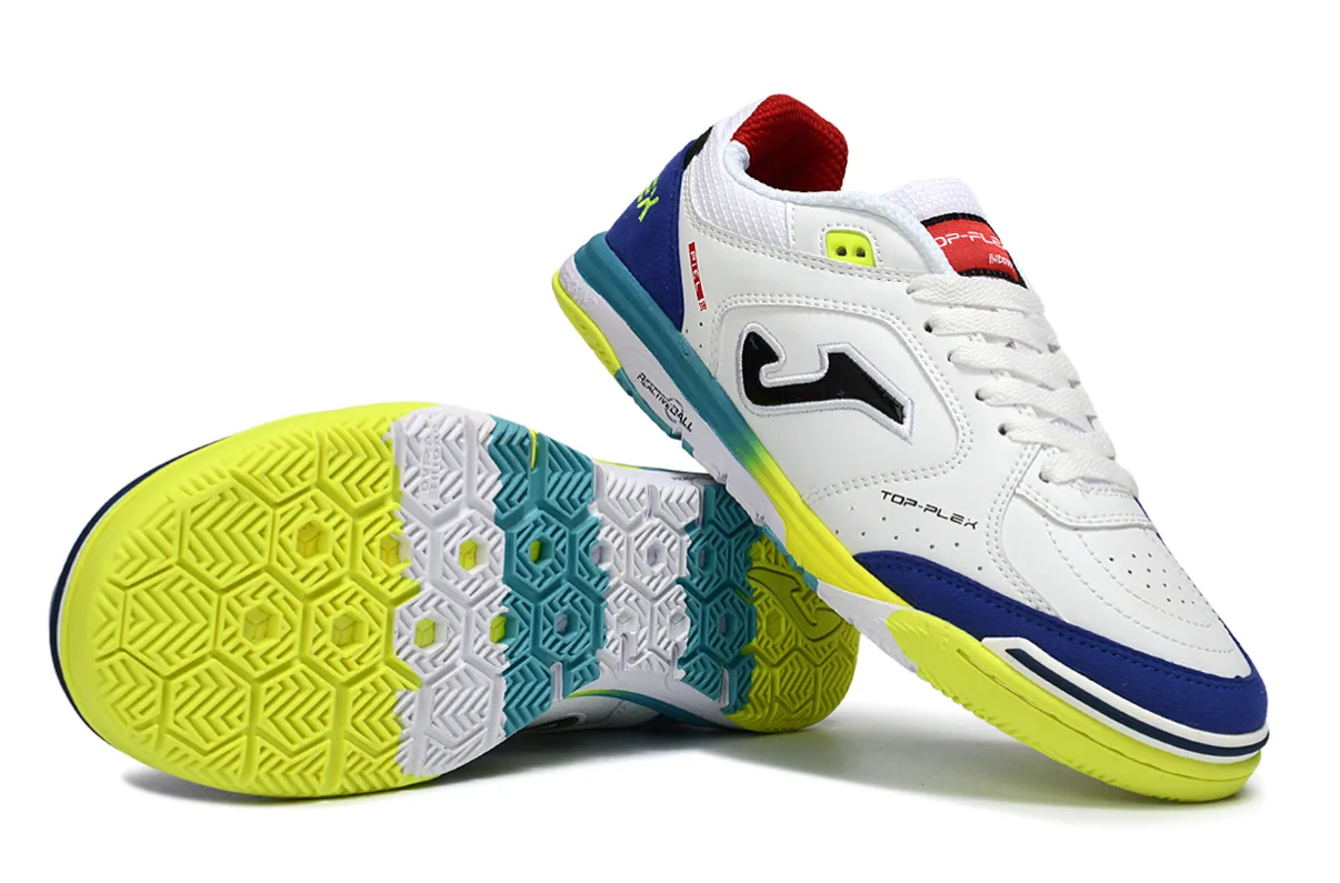 Joma Top Flex Rebound IN (em tom branco, azul, amarelo-lima e detalhes em vermelho e preto).